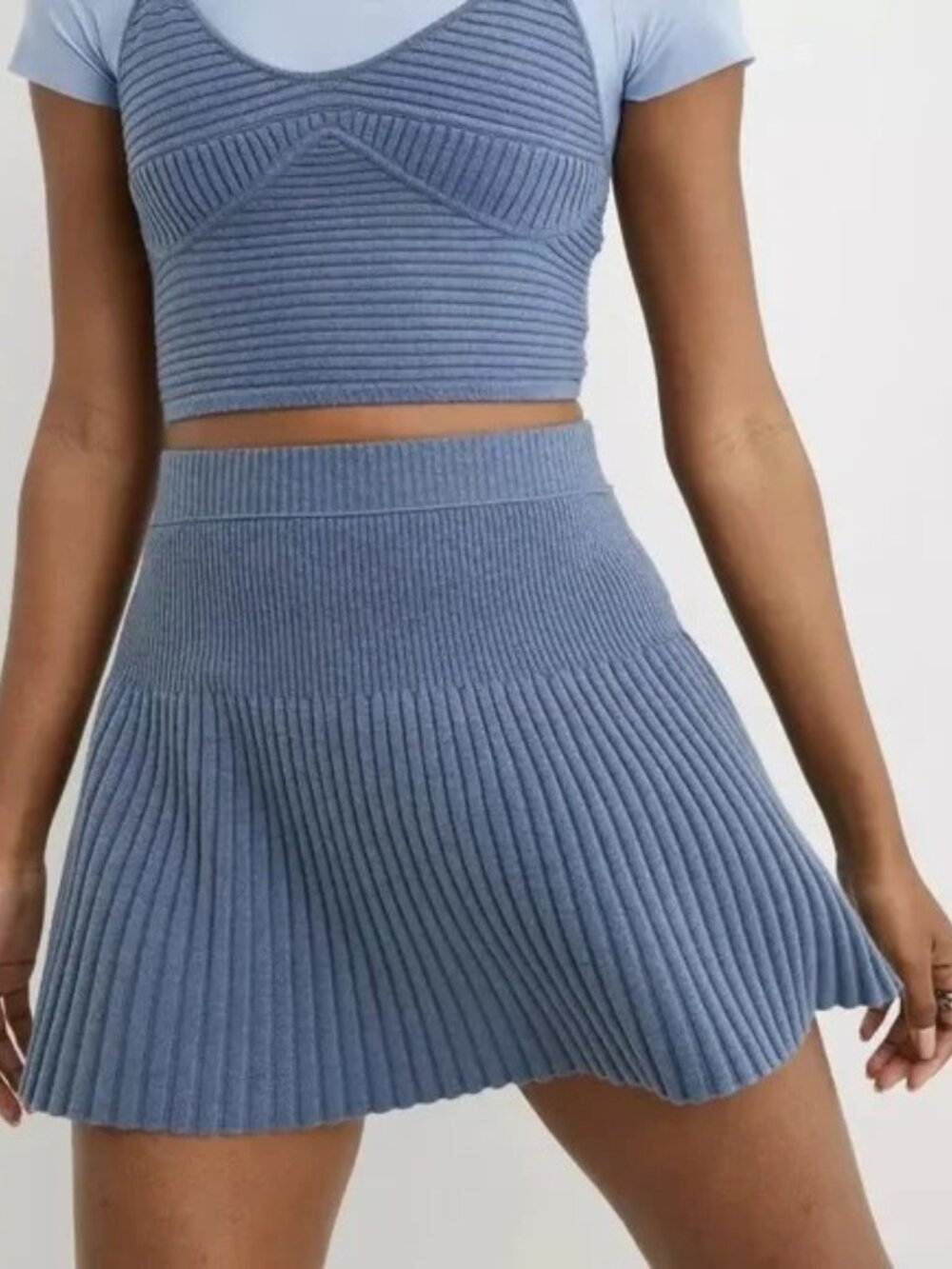 Aerie Take Charge Ribbed Pleated Sweater Mini Skirt Blue Size M Medium NWT